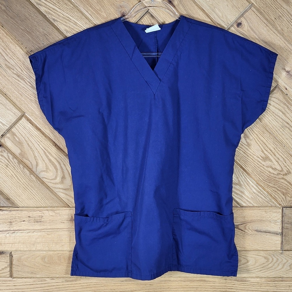Simply Basic Scrub Top Unisex Large? V-Neck Dual Pocket Short Sleeve Navy Blue